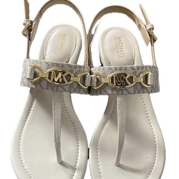 Michael Kors White T-Strap Thong Sandals.1.25" Heel Gold Logo Sz 6 - Picture 6 of 8